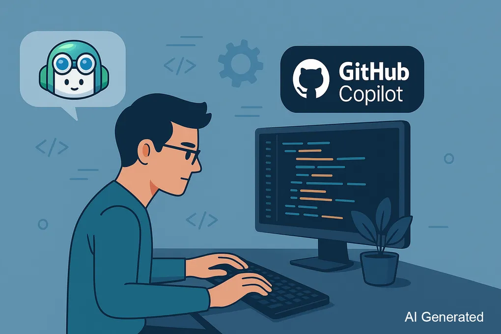 Cartoon illustration of a person at a computer desk with GitHub Copilot icon floating around.