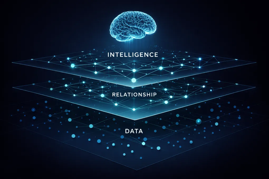 A futuristic digital illustration showing a three-tiered hierarchical structure. At the very top, a glowing blue human brain is positioned above the highest layer labeled 'INTELLIGENCE'. Below it is the middle layer labeled 'RELATIONSHIP', and at the bottom is the base layer labeled 'DATA'. All three layers are composed of interconnected nodes and lines forming a glowing blue network, visualizing the progression from raw data to intelligence.